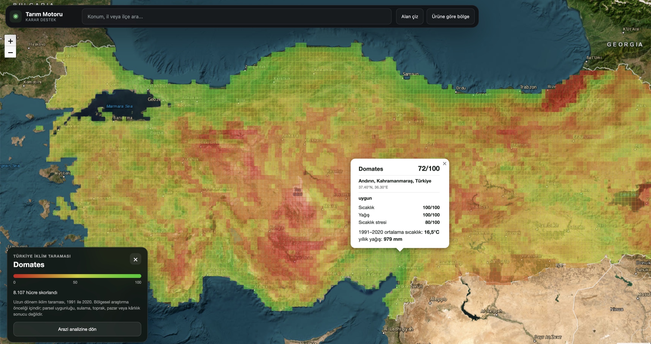 Domates için Türkiye uzun dönem iklim uygunluğu haritası ve seçili hücre ayrıntısı